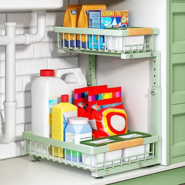 Main image of Kitstorack Under Sink Organizer, 2 Tier Under the Sink Storage, Slide out Pull out Cabinet Organizer Shelf, Metal Sliding Drawer for Kitchen Bathroom Pantry Closet Organization Rack, Green, 1 Pack