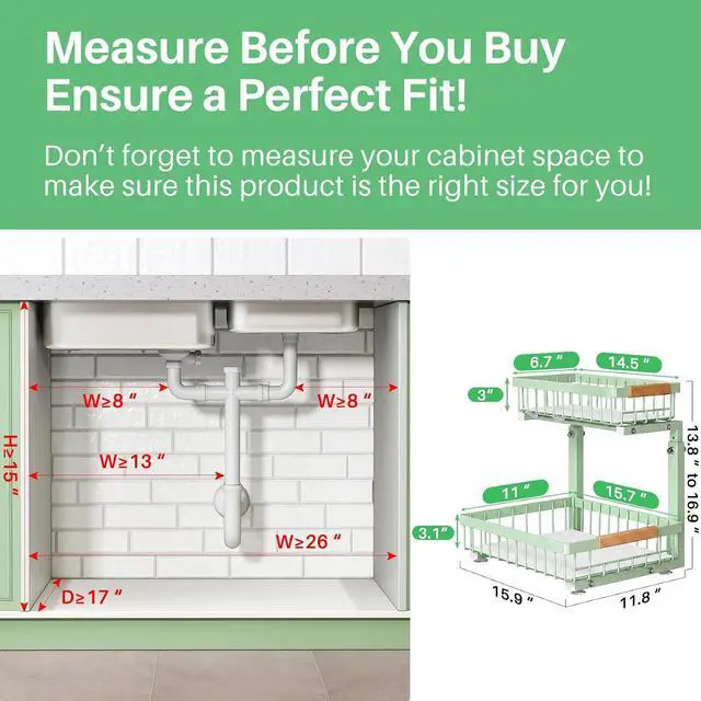Alt view image 2 of 7 - Kitstorack Under Sink Organizer, 2 Tier Under the Sink Storage, Slide out Pull out Cabinet Organizer Shelf, Metal Sliding Drawer for Kitchen Bathroom Pantry Closet Organization Rack, Green, 1 Pack