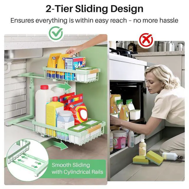 Alt view image 3 of 7 - Kitstorack Under Sink Organizer, 2 Tier Under the Sink Storage, Slide out Pull out Cabinet Organizer Shelf, Metal Sliding Drawer for Kitchen Bathroom Pantry Closet Organization Rack, Green, 1 Pack