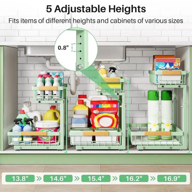 Alt view image 4 of 7 - Kitstorack Under Sink Organizer, 2 Tier Under the Sink Storage, Slide out Pull out Cabinet Organizer Shelf, Metal Sliding Drawer for Kitchen Bathroom Pantry Closet Organization Rack, Green, 1 Pack