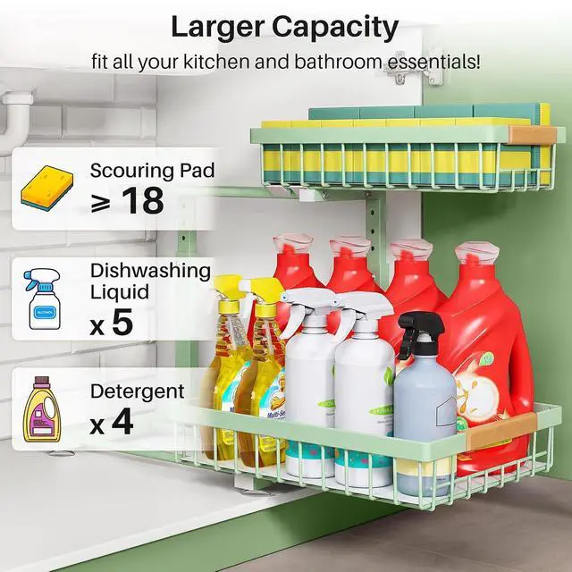 Alt view image 5 of 7 - Kitstorack Under Sink Organizer, 2 Tier Under the Sink Storage, Slide out Pull out Cabinet Organizer Shelf, Metal Sliding Drawer for Kitchen Bathroom Pantry Closet Organization Rack, Green, 1 Pack