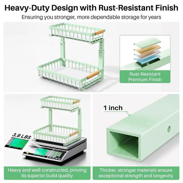Alt view image 7 of 7 - Kitstorack Under Sink Organizer, 2 Tier Under the Sink Storage, Slide out Pull out Cabinet Organizer Shelf, Metal Sliding Drawer for Kitchen Bathroom Pantry Closet Organization Rack, Green, 1 Pack