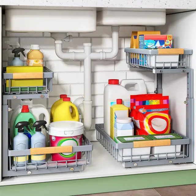 Main image of Kitstorack Under Sink Organizer, 2 Tier Under the Sink Storage, Slide out Pull out Cabinet Organizer Shelf, Metal Sliding Drawer for Kitchen Bathroom Pantry Closet Organization Rack, Grey, 1 Pack