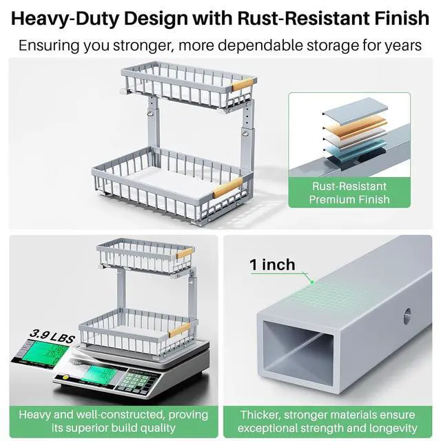 Alt view image 5 of 7 - Kitstorack Under Sink Organizer, 2 Tier Under the Sink Storage, Slide out Pull out Cabinet Organizer Shelf, Metal Sliding Drawer for Kitchen Bathroom Pantry Closet Organization Rack, Grey, 1 Pack