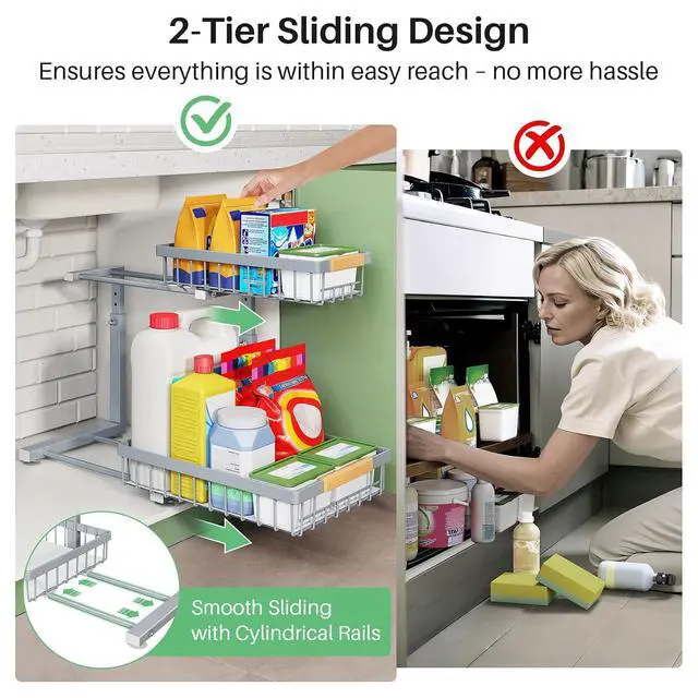 Alt view image 6 of 7 - Kitstorack Under Sink Organizer, 2 Tier Under the Sink Storage, Slide out Pull out Cabinet Organizer Shelf, Metal Sliding Drawer for Kitchen Bathroom Pantry Closet Organization Rack, Grey, 1 Pack