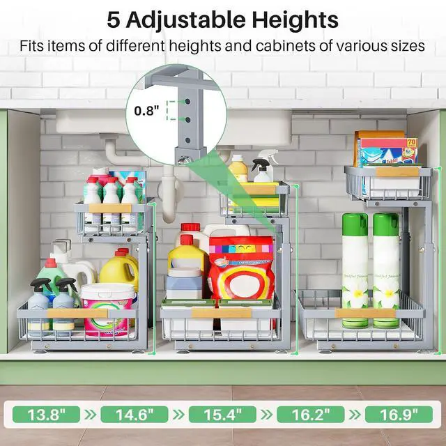 Alt view image 7 of 7 - Kitstorack Under Sink Organizer, 2 Tier Under the Sink Storage, Slide out Pull out Cabinet Organizer Shelf, Metal Sliding Drawer for Kitchen Bathroom Pantry Closet Organization Rack, Grey, 1 Pack