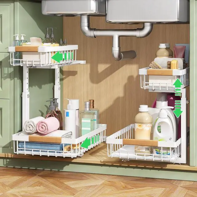 Main image of Kitstorack Under Sink Organizer, 2 Tier Under the Sink Storage, Slide out Pull out Cabinet Organizer Shelf, Metal Sliding Drawer for Kitchen Bathroom Pantry Closet Organization Rack, White, 2 Pack