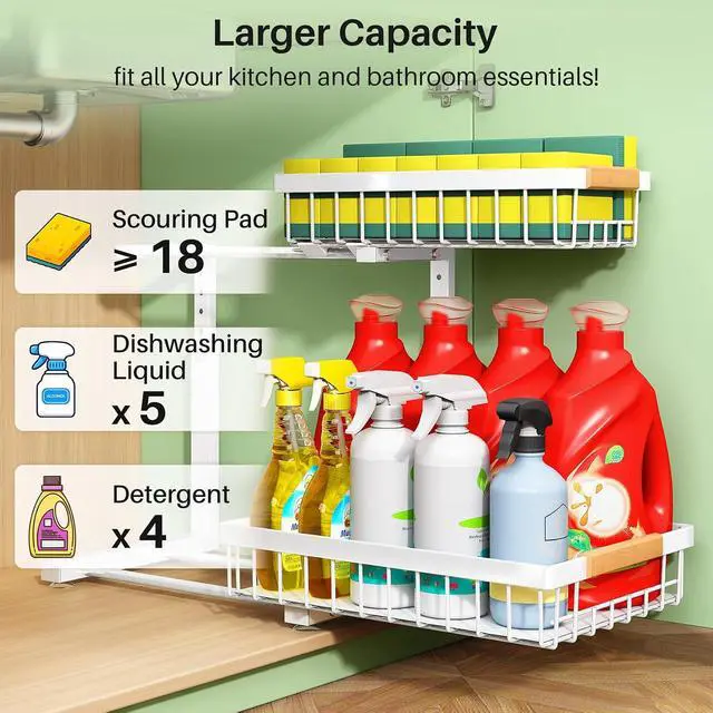 Alt view image 3 of 7 - Kitstorack Under Sink Organizer, 2 Tier Under the Sink Storage, Slide out Pull out Cabinet Organizer Shelf, Metal Sliding Drawer for Kitchen Bathroom Pantry Closet Organization Rack, White, 2 Pack