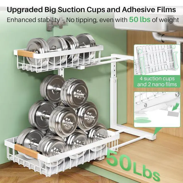 Alt view image 4 of 7 - Kitstorack Under Sink Organizer, 2 Tier Under the Sink Storage, Slide out Pull out Cabinet Organizer Shelf, Metal Sliding Drawer for Kitchen Bathroom Pantry Closet Organization Rack, White, 2 Pack