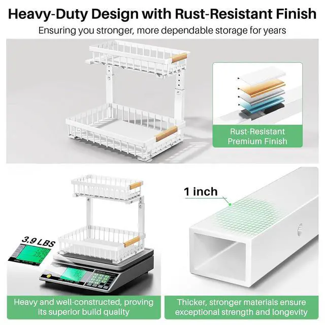 Alt view image 5 of 7 - Kitstorack Under Sink Organizer, 2 Tier Under the Sink Storage, Slide out Pull out Cabinet Organizer Shelf, Metal Sliding Drawer for Kitchen Bathroom Pantry Closet Organization Rack, White, 2 Pack