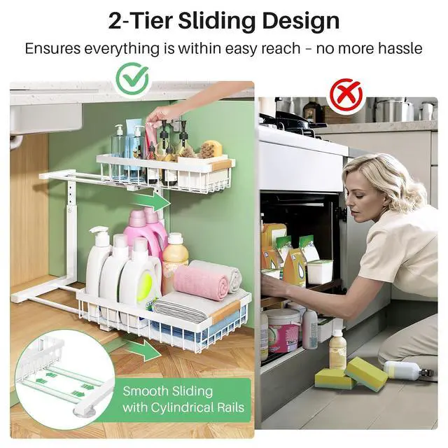 Alt view image 6 of 7 - Kitstorack Under Sink Organizer, 2 Tier Under the Sink Storage, Slide out Pull out Cabinet Organizer Shelf, Metal Sliding Drawer for Kitchen Bathroom Pantry Closet Organization Rack, White, 2 Pack