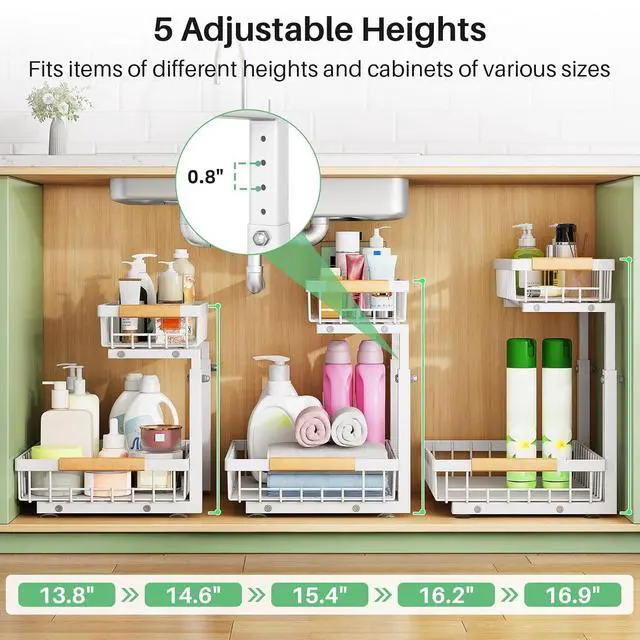 Alt view image 7 of 7 - Kitstorack Under Sink Organizer, 2 Tier Under the Sink Storage, Slide out Pull out Cabinet Organizer Shelf, Metal Sliding Drawer for Kitchen Bathroom Pantry Closet Organization Rack, White, 2 Pack