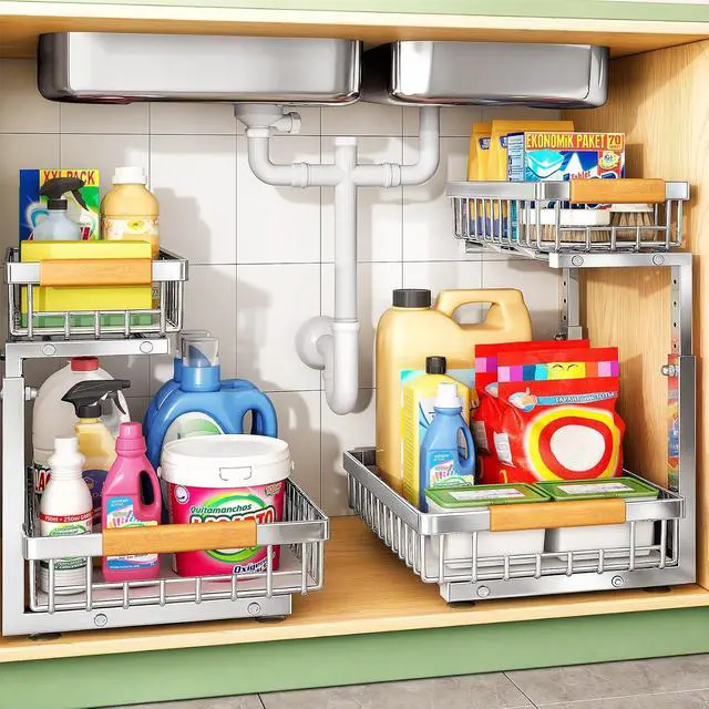 Main image of Kitstorack Under Sink Organizer, 2 Tier Under the Sink Storage, Slide out Pull out Cabinet Organizer Shelf, Metal Sliding Drawer for Kitchen Bathroom Pantry Closet Organization Rack, Silver, 2 Pack