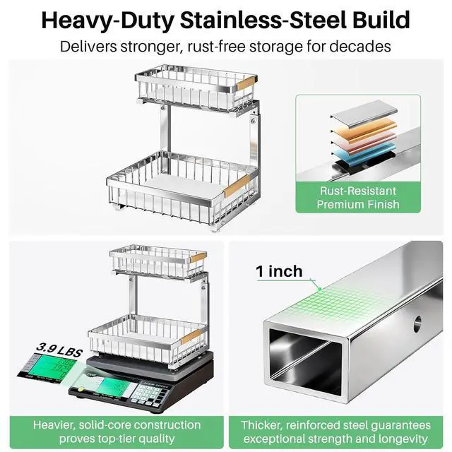 Alt view image 2 of 7 - Kitstorack Under Sink Organizer, 2 Tier Under the Sink Storage, Slide out Pull out Cabinet Organizer Shelf, Metal Sliding Drawer for Kitchen Bathroom Pantry Closet Organization Rack, Silver, 2 Pack