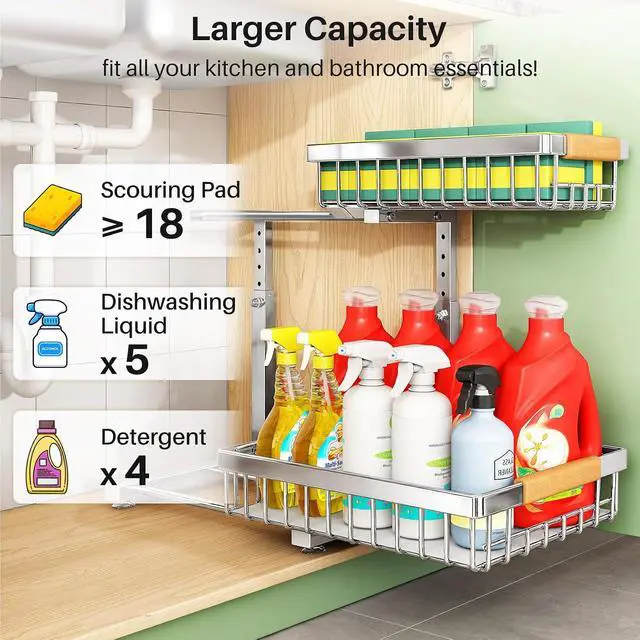 Alt view image 4 of 7 - Kitstorack Under Sink Organizer, 2 Tier Under the Sink Storage, Slide out Pull out Cabinet Organizer Shelf, Metal Sliding Drawer for Kitchen Bathroom Pantry Closet Organization Rack, Silver, 2 Pack