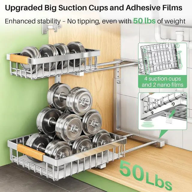 Alt view image 5 of 7 - Kitstorack Under Sink Organizer, 2 Tier Under the Sink Storage, Slide out Pull out Cabinet Organizer Shelf, Metal Sliding Drawer for Kitchen Bathroom Pantry Closet Organization Rack, Silver, 2 Pack