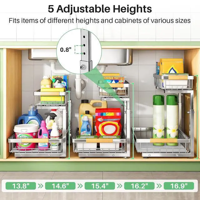 Alt view image 6 of 7 - Kitstorack Under Sink Organizer, 2 Tier Under the Sink Storage, Slide out Pull out Cabinet Organizer Shelf, Metal Sliding Drawer for Kitchen Bathroom Pantry Closet Organization Rack, Silver, 2 Pack
