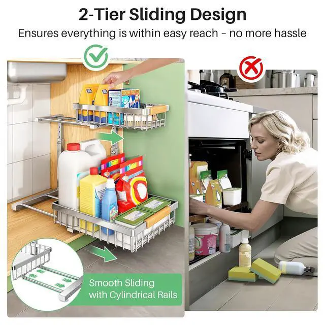 Alt view image 7 of 7 - Kitstorack Under Sink Organizer, 2 Tier Under the Sink Storage, Slide out Pull out Cabinet Organizer Shelf, Metal Sliding Drawer for Kitchen Bathroom Pantry Closet Organization Rack, Silver, 2 Pack