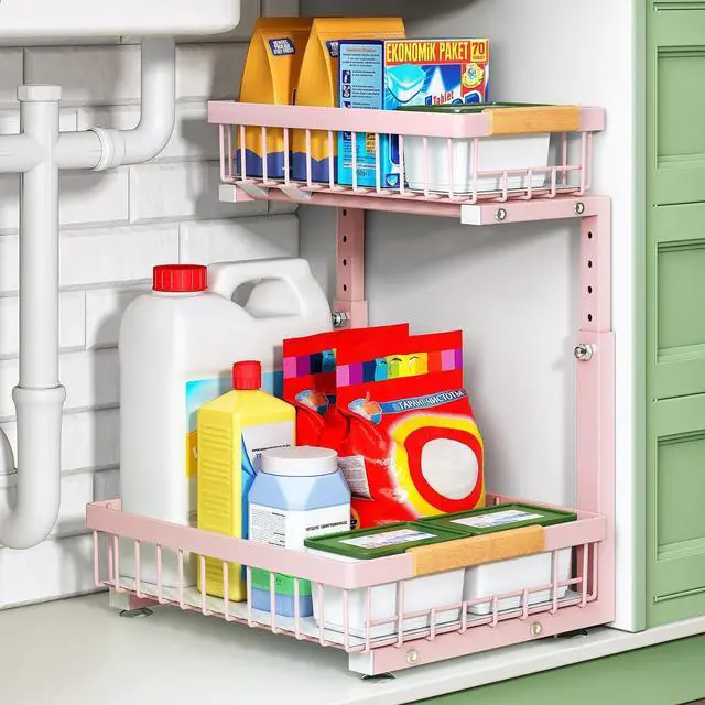 Main image of Kitstorack Under Sink Organizer, 2 Tier Under the Sink Storage, Slide out Pull out Cabinet Organizer Shelf, Metal Sliding Drawer for Kitchen Bathroom Pantry Closet Organization Rack, Pink, 1 Pack