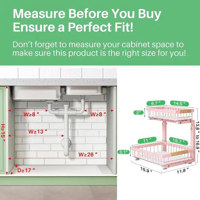 Alt view image 2 of 7 - Kitstorack Under Sink Organizer, 2 Tier Under the Sink Storage, Slide out Pull out Cabinet Organizer Shelf, Metal Sliding Drawer for Kitchen Bathroom Pantry Closet Organization Rack, Pink, 2 Pack