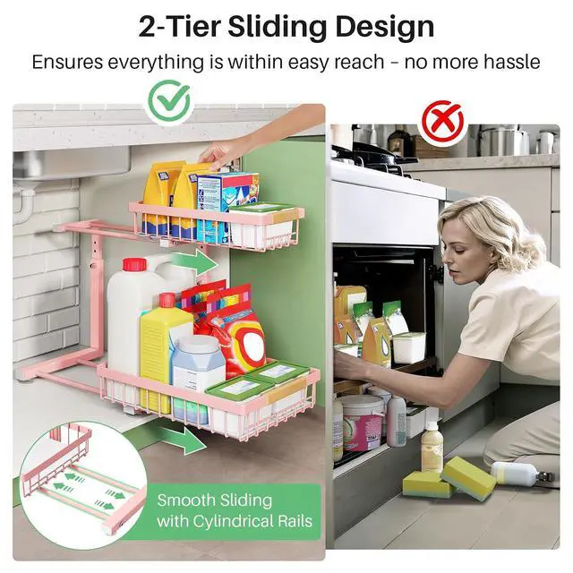Alt view image 3 of 7 - Kitstorack Under Sink Organizer, 2 Tier Under the Sink Storage, Slide out Pull out Cabinet Organizer Shelf, Metal Sliding Drawer for Kitchen Bathroom Pantry Closet Organization Rack, Pink, 2 Pack
