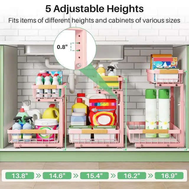 Alt view image 4 of 7 - Kitstorack Under Sink Organizer, 2 Tier Under the Sink Storage, Slide out Pull out Cabinet Organizer Shelf, Metal Sliding Drawer for Kitchen Bathroom Pantry Closet Organization Rack, Pink, 2 Pack