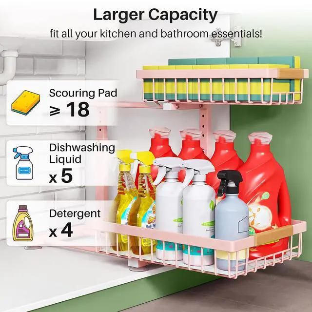 Alt view image 5 of 7 - Kitstorack Under Sink Organizer, 2 Tier Under the Sink Storage, Slide out Pull out Cabinet Organizer Shelf, Metal Sliding Drawer for Kitchen Bathroom Pantry Closet Organization Rack, Pink, 2 Pack