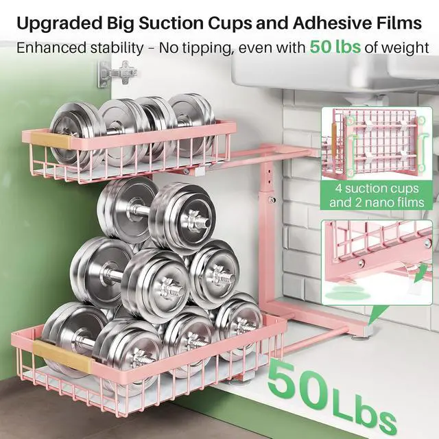 Alt view image 6 of 7 - Kitstorack Under Sink Organizer, 2 Tier Under the Sink Storage, Slide out Pull out Cabinet Organizer Shelf, Metal Sliding Drawer for Kitchen Bathroom Pantry Closet Organization Rack, Pink, 2 Pack