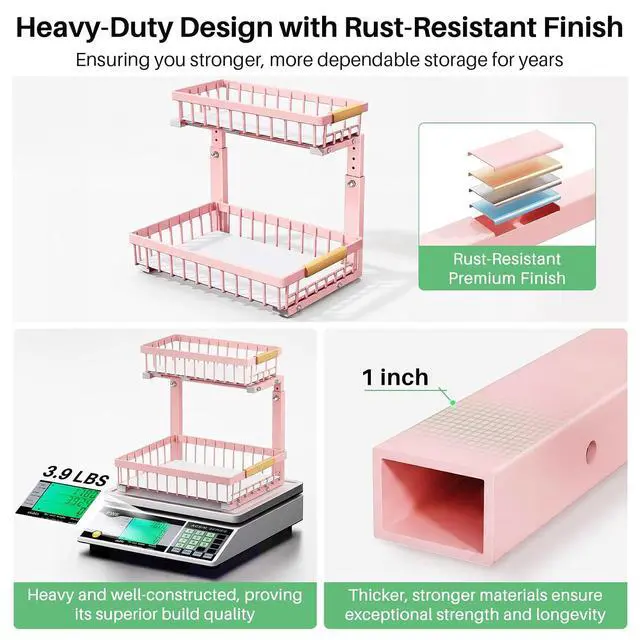 Alt view image 7 of 7 - Kitstorack Under Sink Organizer, 2 Tier Under the Sink Storage, Slide out Pull out Cabinet Organizer Shelf, Metal Sliding Drawer for Kitchen Bathroom Pantry Closet Organization Rack, Pink, 2 Pack