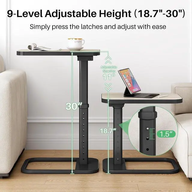 Alt view image 4 of 7 - Driftwood Grey TV Tray Table, Adjustable Height & Rounded Metal Corners, Snack Table for Couch, Sofa, Bed, Chair, Living Room, C Shaped End Side Table for Eating, Dinner or Laptop, Small Spaces