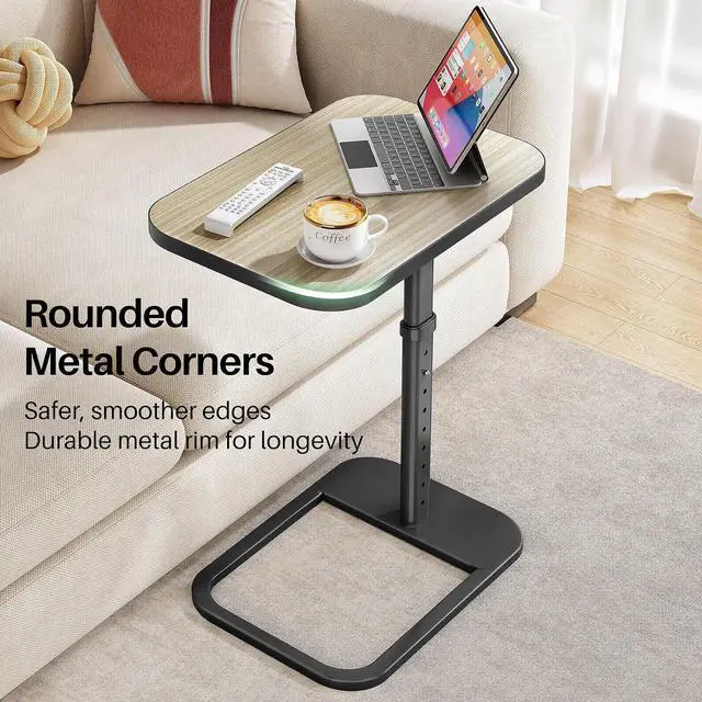 Alt view image 5 of 7 - Driftwood Grey TV Tray Table, Adjustable Height & Rounded Metal Corners, Snack Table for Couch, Sofa, Bed, Chair, Living Room, C Shaped End Side Table for Eating, Dinner or Laptop, Small Spaces