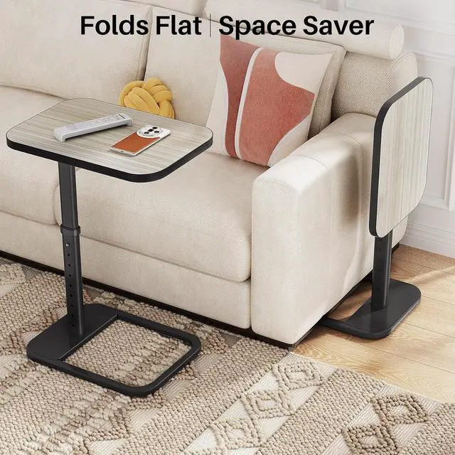 Alt view image 6 of 7 - Driftwood Grey TV Tray Table, Adjustable Height & Rounded Metal Corners, Snack Table for Couch, Sofa, Bed, Chair, Living Room, C Shaped End Side Table for Eating, Dinner or Laptop, Small Spaces