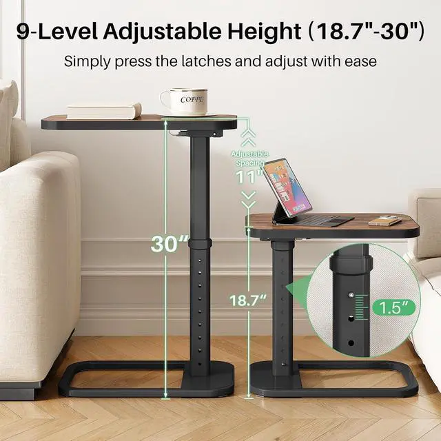 Alt view image 2 of 7 - Kitstorack Upgraded TV Tray Table with Panel Lock, 90° Flip-Over Design & Adjustable Height, Sofa Arm Side Table for Eating, Laptop, Couch, Bed, or Small Spaces, Brown
