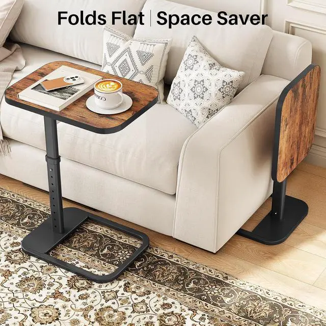 Alt view image 7 of 7 - Kitstorack Upgraded TV Tray Table with Panel Lock, 90° Flip-Over Design & Adjustable Height, Sofa Arm Side Table for Eating, Laptop, Couch, Bed, or Small Spaces, Brown