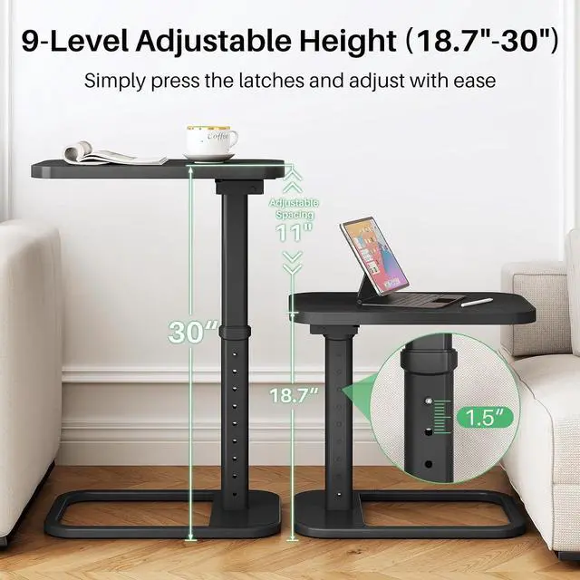 Alt view image 5 of 7 - Kitstorack TV Tray Table, Adjustable Height & Rounded Metal Corners, Snack Table for Couch, Sofa, Bed, Chair, Living Room, C Shaped End Side Table for Eating, Dinner or Laptop, Small Spaces, Black