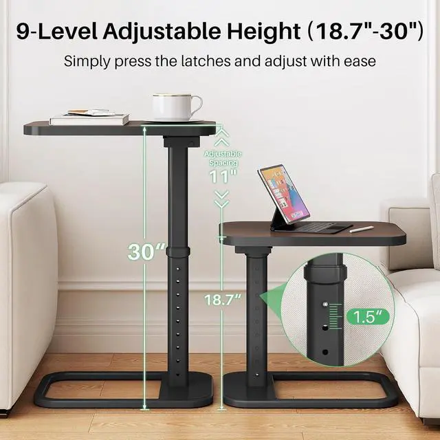 Alt view image 4 of 7 - Kitstorack TV Tray Table, Adjustable Height & Rounded Metal Corners, Snack Table for Couch, Sofa, Bed, Chair, Living Room, C Shaped End Side Table for Eating, Dinner or Laptop, Small Spaces, Espresso