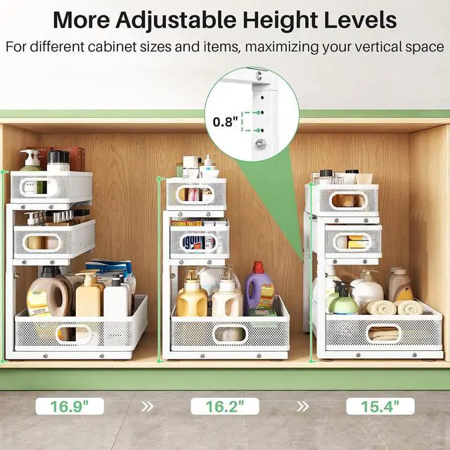 Alt view image 6 of 7 - Kitstorack Under Sink Organizer, 2-Pack 3-Tier Height Adjustable Thickened Metal Pull out Cabinet Organizer Shelf, Slide out Storage Drawer Rack for Bathroom Kitchen Pantry Home Laundry Organization