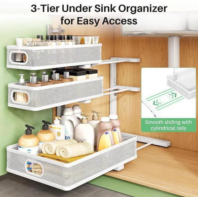 Alt view image 7 of 7 - Kitstorack Under Sink Organizer, 2-Pack 3-Tier Height Adjustable Thickened Metal Pull out Cabinet Organizer Shelf, Slide out Storage Drawer Rack for Bathroom Kitchen Pantry Home Laundry Organization