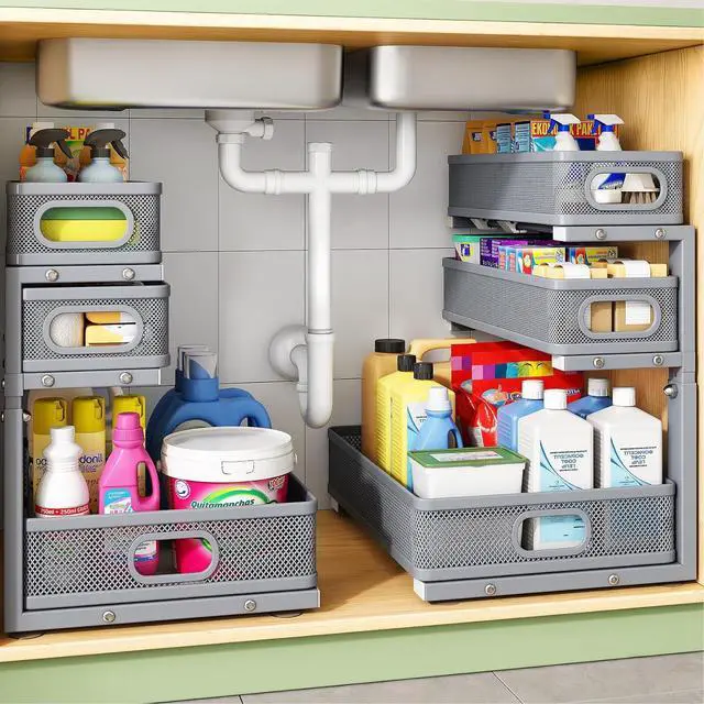 Main image of Kitstorack Under Sink Organizer, 2-Pack 3-Tier Height Adjustable Thickened Metal Pull out Cabinet Organizer Shelf, Slide out Storage Drawer Rack for Bathroom Kitchen Pantry Home Organization, Grey