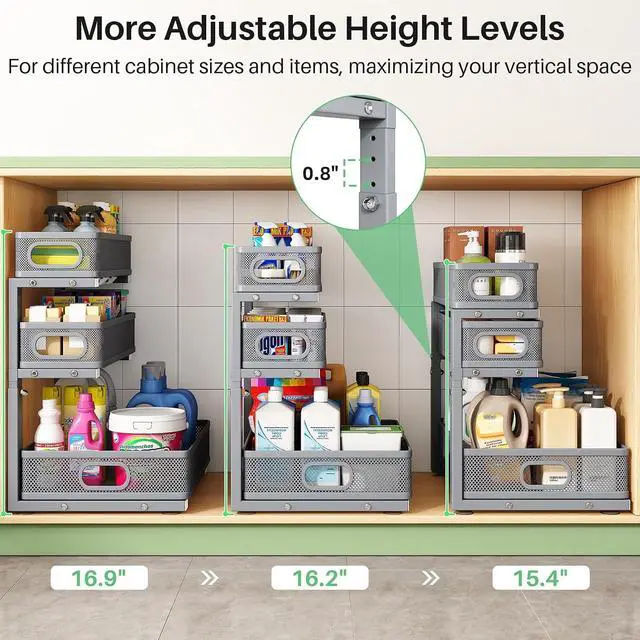 Alt view image 7 of 7 - Kitstorack Under Sink Organizer, 1-Pack 3-Tier Height Adjustable Thickened Metal Pull out Cabinet Organizer Shelf, Slide out Storage Drawer Rack for Bathroom Kitchen Pantry Home Organization, Grey