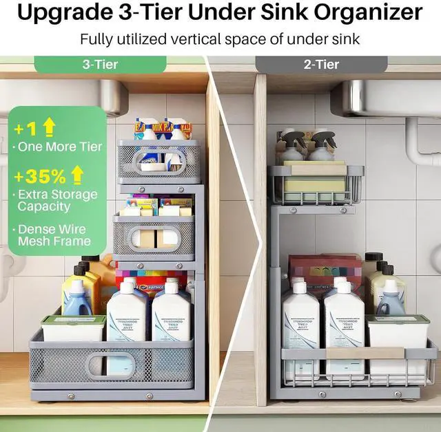 Alt view image 3 of 7 - Kitstorack Under Sink Organizer, 1-Pack 3-Tier Height Adjustable Thickened Metal Pull out Cabinet Organizer Shelf, Slide out Storage Drawer Rack for Bathroom Kitchen Pantry Home Organization, Grey