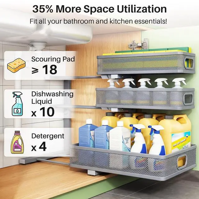 Alt view image 4 of 7 - Kitstorack Under Sink Organizer, 1-Pack 3-Tier Height Adjustable Thickened Metal Pull out Cabinet Organizer Shelf, Slide out Storage Drawer Rack for Bathroom Kitchen Pantry Home Organization, Grey
