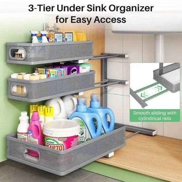 Alt view image 5 of 7 - Kitstorack Under Sink Organizer, 2-Pack 3-Tier Height Adjustable Thickened Metal Pull out Cabinet Organizer Shelf, Slide out Storage Drawer Rack for Bathroom Kitchen Pantry Home Organization, Grey