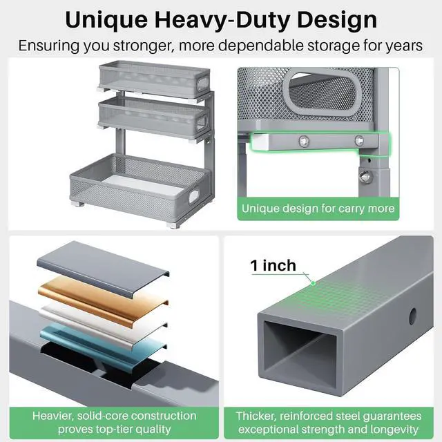 Alt view image 5 of 7 - Kitstorack Under Sink Organizer, 1-Pack 3-Tier Height Adjustable Thickened Metal Pull out Cabinet Organizer Shelf, Slide out Storage Drawer Rack for Bathroom Kitchen Pantry Home Organization, Grey