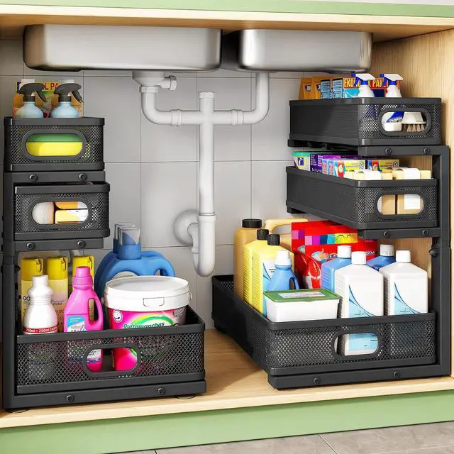 Main image of Kitstorack Under Sink Organizer, 2-Pack 3-Tier Height Adjustable Thickened Metal Pull out Cabinet Organizer Shelf, Slide out Storage Drawer Rack for Bathroom Kitchen Pantry Home Laundry Organization
