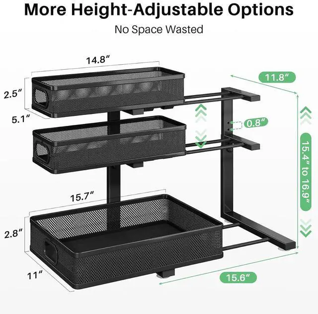Alt view image 3 of 3 - Kitstorack Under Sink Organizer, 1-Pack 3-Tier Height Adjustable Thickened Metal Pull out Cabinet Organizer Shelf, Slide out Storage Drawer Rack for Bathroom Kitchen Pantry Home Laundry Organization