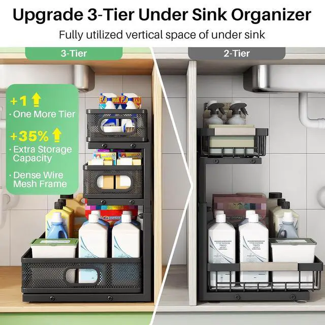 Alt view image 2 of 3 - Kitstorack Under Sink Organizer, 1-Pack 3-Tier Height Adjustable Thickened Metal Pull out Cabinet Organizer Shelf, Slide out Storage Drawer Rack for Bathroom Kitchen Pantry Home Laundry Organization