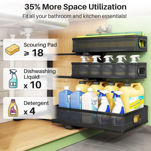 Alt view image 5 of 7 - Kitstorack Under Sink Organizer, 2-Pack 3-Tier Height Adjustable Thickened Metal Pull out Cabinet Organizer Shelf, Slide out Storage Drawer Rack for Bathroom Kitchen Pantry Home Laundry Organization