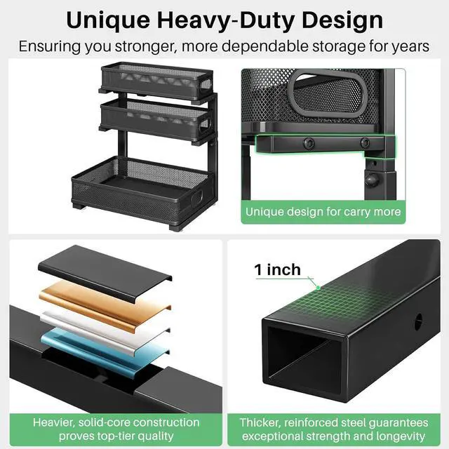 Alt view image 6 of 7 - Kitstorack Under Sink Organizer, 2-Pack 3-Tier Height Adjustable Thickened Metal Pull out Cabinet Organizer Shelf, Slide out Storage Drawer Rack for Bathroom Kitchen Pantry Home Laundry Organization