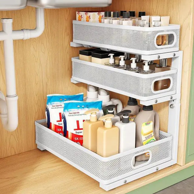Main image of Kitstorack Under Sink Organizer, 1-Pack 3-Tier Height Adjustable Thickened Metal Pull out Cabinet Organizer Shelf, Slide out Storage Drawer Rack for Bathroom Kitchen Pantry Home Laundry Organization